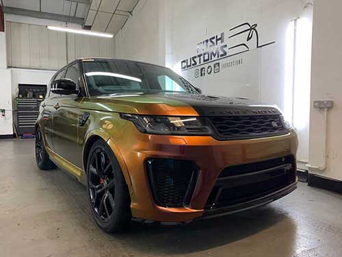 A wrapped Range Rover vehicle in Gold for a Sheerness client